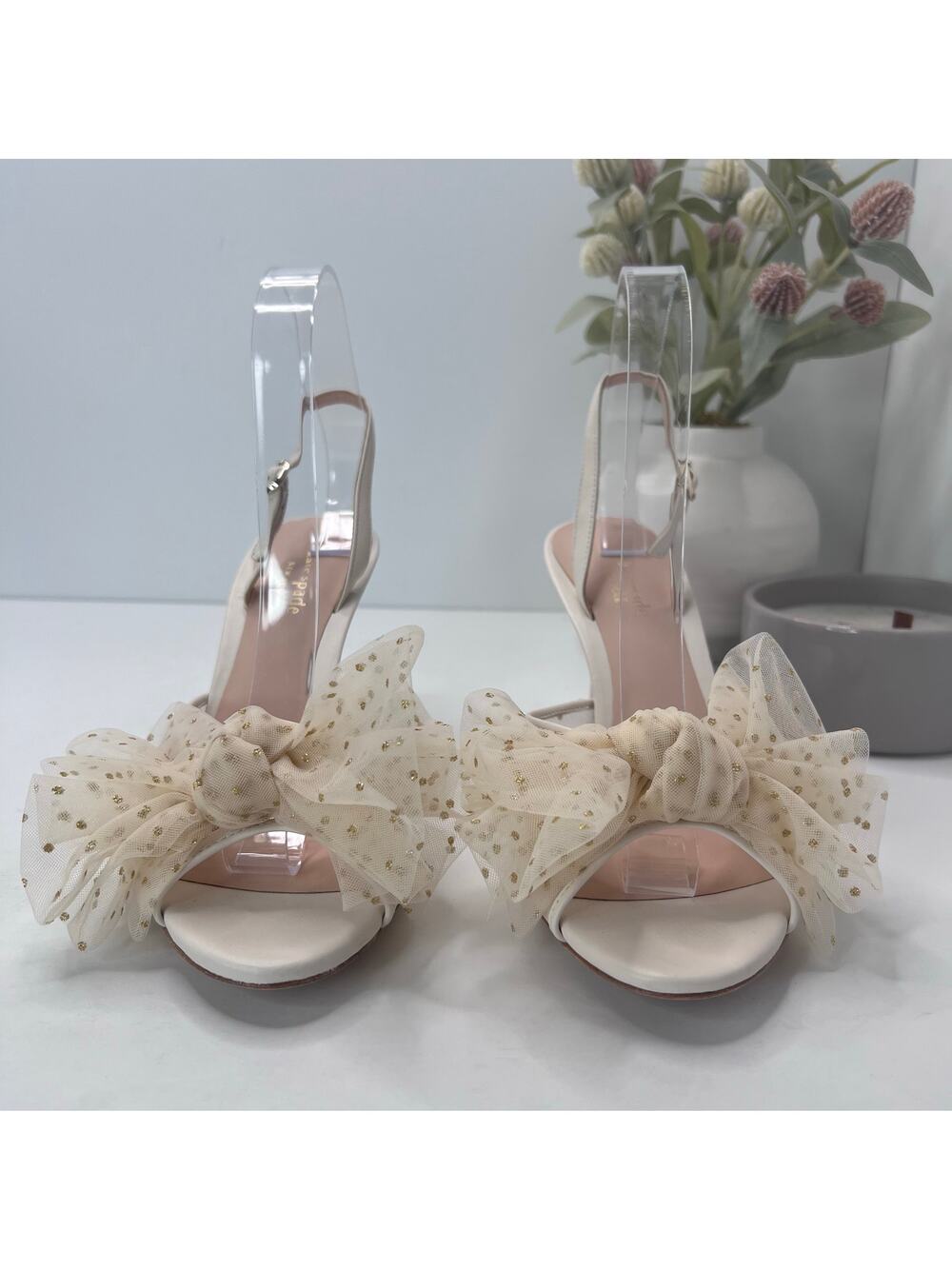 Kate Spade Bridal Sparkle Heels Tulle Dots Soft Parchment Women 8.5B